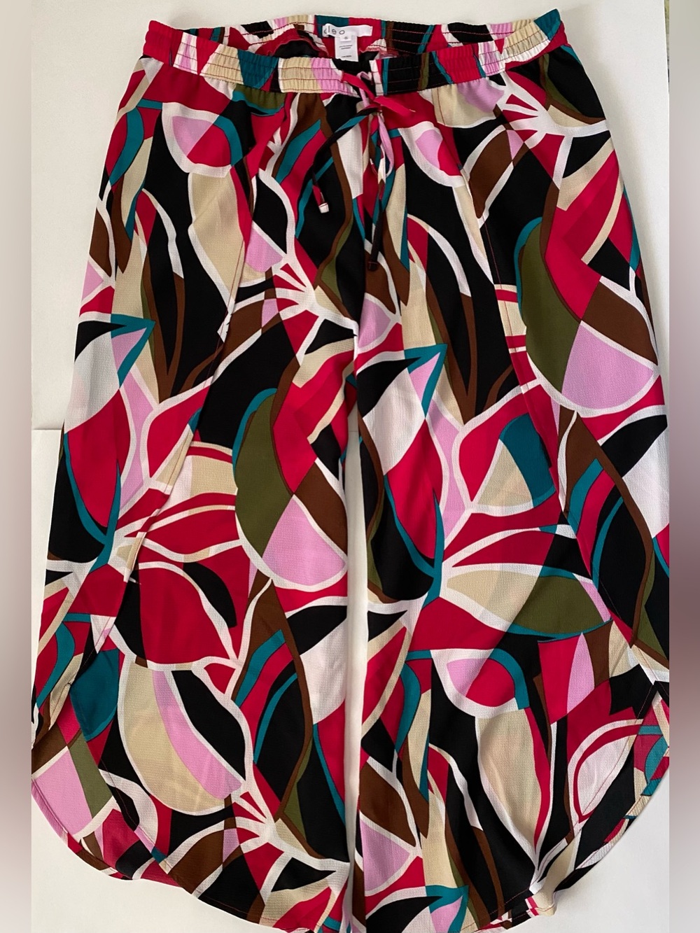 Cleo Wide Leg Tulip Pants with Teal, Hot Pink & Black Floral Motif Size XL